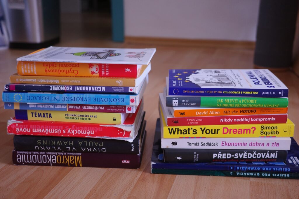 Na obrázku jsou knihy seřazené na sobě.